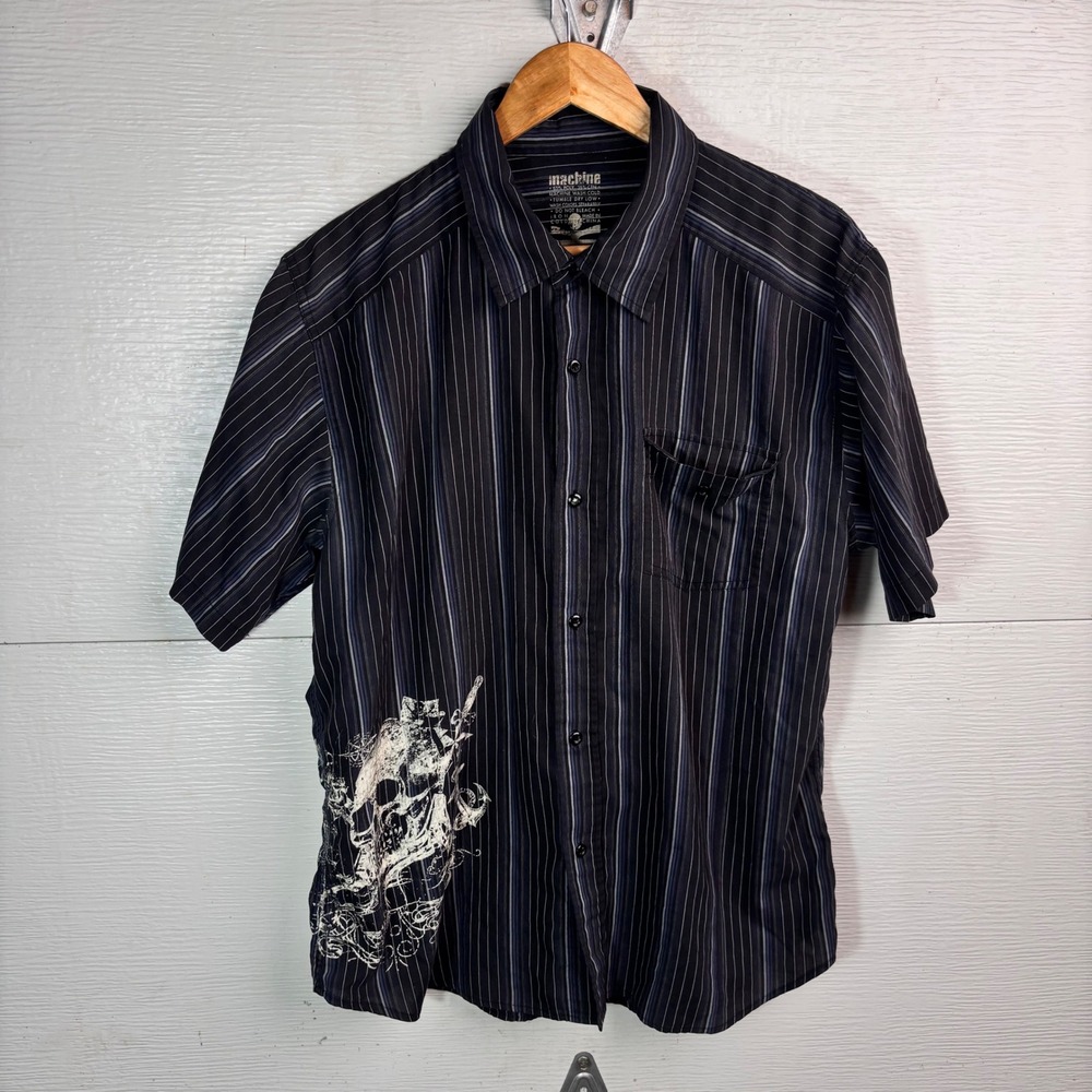 2000s Machine Skull Graphic Pinstripe Button Up Shirt Y2K Grunge Large